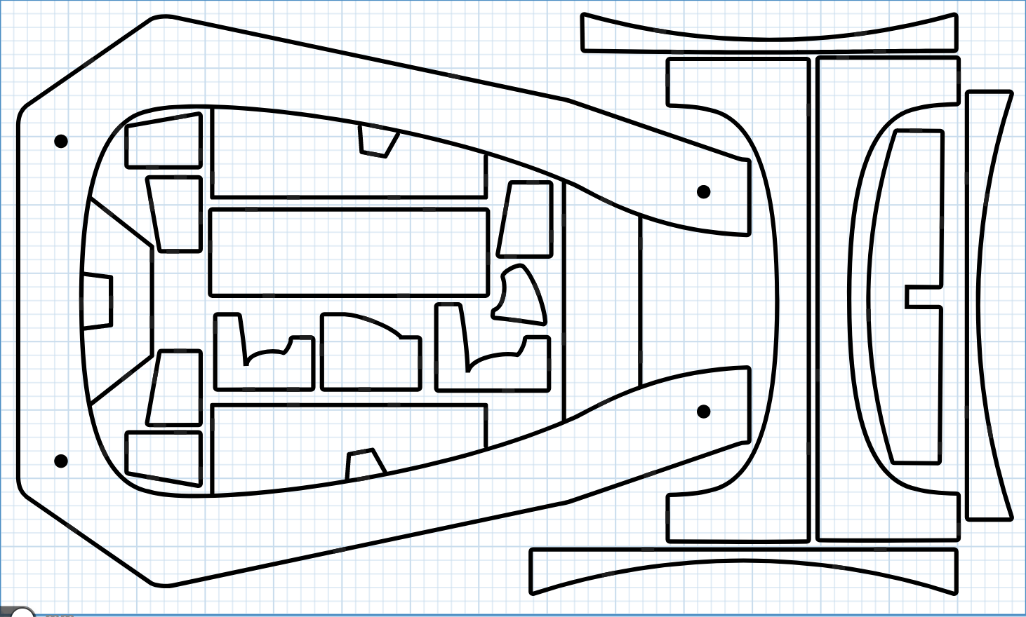 Technical drawings for a variety of hurdy gurdy building parts, arranged to fit inside a rectangle in an arrangement which looks vaguely like a plan view of a star trek enterprise-class ship.